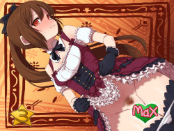 Rule 34 | 1girl, black bow, black neckwear, bow, brown hair, censored, clothes lift, detached collar, detached sleeves, dress, dress lift, dutch angle, embarrassed, female focus, female pubic hair, frilled dress, frills, gloves, gothic wa mahou otome, hair bow, no panties, novelty censor, panties, panty pull, ponytail, pubic hair, puffy short sleeves, puffy sleeves, pussy, pussy peek, ranun (gothic wa mahou otome), red eyes, short sleeves, sideways glance, solo, stupa13a, underwear