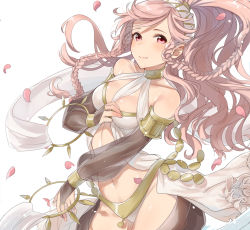 Rule 34 | 1girl, armlet, blush, braid, breasts, chakram, cleavage, closed mouth, commentary, cowboy shot, dancer, detached sleeves, dress, eyelashes, fire emblem, fire emblem awakening, floating hair, haru (nakajou-28), highres, jewelry, looking at viewer, medium breasts, midriff, navel, neck ring, nintendo, olivia (fire emblem), parted bangs, petals, pink eyes, pink hair, ponytail, revealing clothes, sash, see-through, see-through sleeves, side braids, simple background, smile, solo, thighs, twin braids, weapon, white background, white dress, wind