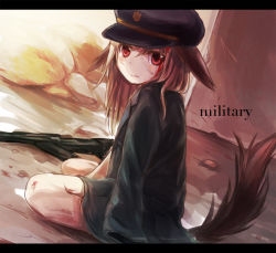 Rule 34 | 1girl, animal ears, black hat, black jacket, blood, blood on face, brown hair, closed mouth, commentary request, dutch angle, foomi, gun, hair between eyes, hat, jacket, jacket on shoulders, letterboxed, long hair, looking at viewer, looking to the side, military hat, on ground, original, oversized clothes, red eyes, sitting, solo, tail, wariza, weapon