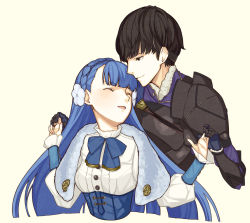 1boy 1girl armor berkut_(fire_emblem) blue_hair bow bowtie braid brown_eyes brown_hair crown_braid closed_eyes fire_emblem fire_emblem_echoes:_shadows_of_valentia flower fur_trim gloves hair_flower hair_ornament hetero nintendo open_mouth portrait rinea_(fire_emblem) simple_background yellow_background