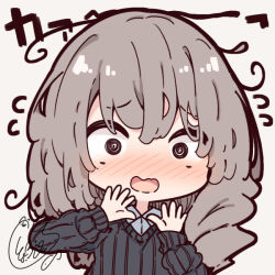 Rule 34 | 1girl, beni shake, black sweater, blush, brown background, brown hair, chibi, collared shirt, commentary request, dress shirt, flying sweatdrops, grey shirt, hair between eyes, hands up, long hair, long sleeves, looking at viewer, nose blush, open mouth, original, puffy long sleeves, puffy sleeves, ribbed sweater, shirt, signature, sleeves past wrists, solo, sweater, upper body, wavy hair