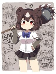 Rule 34 | 10s, 1girl, animal ears, bear, bear claws, bear ears, bear paw, bear tail, blush, brown bear (kemono friends), brown hair, brown skirt, eromame, kemono friends, looking at viewer, monochrome, paw stick, red eyes, skirt, solo, tail, translation request