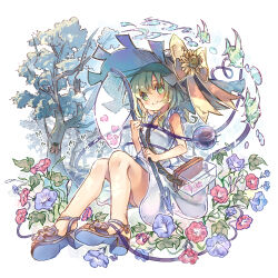 Rule 34 | bare arms, bare legs, blue flower, blush, bow, box, breasts, bug, butterfly net, cicada, clog sandals, dress, feet, fish, flower, forest, frilled dress, frills, full body, green eyes, green hair, hair between eyes, hair flower, hair ornament, hand net, hat, hat bow, heart, heart of string, highres, holding, holding butterfly net, insect, knees together feet apart, komeiji koishi, large hat, leaf, legs up, looking at viewer, medium hair, morning glory, nature, no socks, red flower, sekisei (superego51), simple background, sleeveless, sleeveless dress, small breasts, smile, sound effects, sunflower, sunflower hair ornament, thighs, third eye, touhou, tree, tropical fish, water drop, wavy hair, white background, white dress, white hat, yellow bow
