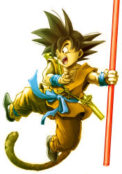 Rule 34 | 1boy, :d, black hair, collarbone, dragon ball, male focus, monkey tail, open mouth, pole, rope, shiseriya, simple background, smile, solo, son goku, spiked hair, tail, teeth, wristband