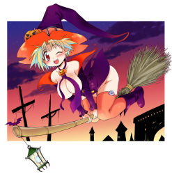 Rule 34 | 1girl, breasts, broom, broom riding, female focus, halloween, hat, huge breasts, original, outdoors, shimanto youta, sky, solo, thighhighs, witch, witch hat