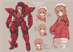 Rule 34 | 1girl, absurdres, android, beige background, brown eyes, brown hair, character name, character sheet, commentary request, highres, horns, kopaka (karda nui), looking ahead, mecha, multiple views, open hands, original, robot, single horn, standing, translation request, visor