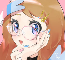 Rule 34 | 1girl, bespectacled, blue eyes, blue nails, brown hair, commentary request, creatures (company), eyelashes, fingernails, game freak, gen 6 pokemon, glasses, hair ornament, hairclip, hand on own cheek, hand on own face, highres, long hair, looking at viewer, nail polish, nintendo, open mouth, pink-framed eyewear, pink nails, pokemon, pokemon (creature), pokemon xy, portrait, serena (pokemon), signature, solo, surumeika (ninfiiiir), sylveon