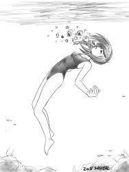 Rule 34 | 1girl, air bubble, barefoot, breath, bubble, blowing bubbles, competition swimsuit, diving, freediving, greyscale, holding breath, long hair, monochrome, one-piece swimsuit, original, saver (artbysaver), sketch, solo, swimming, swimsuit, underwater