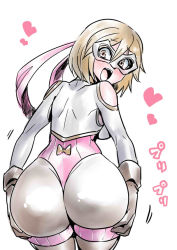 Rule 34 | 1girl, ass, blonde hair, bodysuit, breasts, brown eyes, djeeta (granblue fantasy), gloves, granblue fantasy, looking at viewer, luchador (granblue fantasy), open mouth, short hair, simple background, smile, solo, tukiwani, white background, wrestling outfit