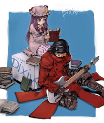 Rule 34 | 1boy, 1girl, aru-sci, bad id, bad pixiv id, black hair, blue eyes, book, character request, cosplay, electric guitar, glasses, gloves, guitar, instrument, long hair, mask, mouth mask, open book, patchouli knowledge, pixiv, plectrum, purple hair, reading, sitting, surgical mask, sweatdrop, touhou, trigun, vash the stampede, vash the stampede (cosplay)