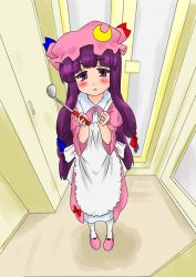 Rule 34 | 1girl, :&lt;, absurdres, apron, blush, crescent, female focus, hat, highres, jewelry, ladle, long hair, matatabeat, patchouli knowledge, purple eyes, purple hair, ring, slippers, solo, touhou