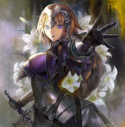 Rule 34 | 1girl, armor, armored dress, astarone, blonde hair, braid, dress, fate/apocrypha, fate/grand order, fate (series), gauntlets, headpiece, jeanne d&#039;arc (fate), jeanne d&#039;arc (ruler) (fate), long hair, outstretched arm, parted lips, purple eyes, single braid, solo, sword, weapon