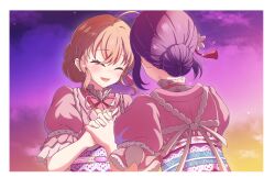 Rule 34 | 2girls, ^ ^, absurdres, ahoge, blush, border, cerise bouquet, closed eyes, commentary, crossed bangs, crying, facing another, flower, gradient sky, hair bun, hair flower, hair ornament, happy tears, highres, hinoshita kaho, holding hands, idol, idol clothes, interlocked fingers, japanese clothes, kimono, lace-trimmed sash, link! like! love live!, love live!, multiple girls, neck ribbon, obi, orange hair, otomune kozue, pink kimono, pink ribbon, pink sky, puffy short sleeves, puffy sleeves, purple hair, purple sash, purple sky, ribbon, sash, short hair, short sleeves, sidelocks, single hair bun, sky, sugao no pixel (love live!), tears, upper body, white border, white flower, yamanju, yellow sky