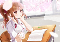 Rule 34 | 1girl, absurdres, blush, bow, brown hair, cherry blossoms, closed mouth, collarbone, collared shirt, curtains, desk, highres, illustrator thunderbird, notebook, original, pencil, petals, ponytail, red bow, school desk, shirt, signature, smile, solo, spring (season), white shirt, window