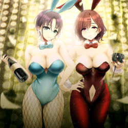 Rule 34 | 2girls, absurdres, alcohol, alternate costume, animal ears, asakura toru, bare shoulders, blue eyes, bottle, bow, bowtie, breasts, brown hair, cleavage, closed mouth, covered navel, cup, detached collar, drinking glass, earrings, fake animal ears, fishnet legwear, fishnets, hair ornament, hairclip, highres, higuchi madoka, holding, holding bottle, holding cup, idolmaster, idolmaster shiny colors, jewelry, large breasts, leotard, looking at viewer, multiple girls, nail polish, navel, pantyhose, playboy bunny, purple eyes, purple hair, rabbit ears, sakurein, short hair, strapless, strapless leotard, thighs, wine, wine bottle, wine glass