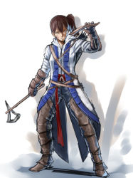 Rule 34 | 1girl, assassin&#039;s creed (series), assassin&#039;s creed iii, bow (weapon), brown eyes, brown hair, coat, connor kenway, connor kenway (cosplay), cosplay, ishii hisao, kaga (kancolle), kantai collection, short hair, side ponytail, solo, tomahawk, weapon