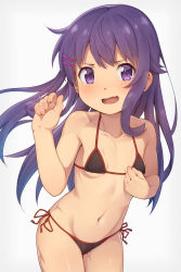 Rule 34 | 1girl, akatsuki (kancolle), bare arms, bare legs, bare shoulders, bikini, black bikini, blush, breasts, collarbone, cowboy shot, fang, female focus, hair between eyes, highres, jabittoson, kantai collection, long hair, looking at viewer, navel, open mouth, purple eyes, purple hair, simple background, skin fang, small breasts, solo, swimsuit, upper body