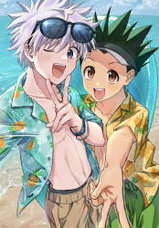 2boys :d ;d beach black_hair blue_eyes brown_eyes brown_pants eyewear_on_head gon_freecss green_pants hawaiian_shirt highres hunter_x_hunter innertube killua_zoldyck looking_at_viewer male_focus multiple_boys navel ocean one_eye_closed open_mouth pants re_tae44 shirt smile sunglasses swim_ring teeth upper_teeth_only v visor_cap white_hair