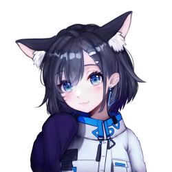 Rule 34 | 1girl, :3, amemachi hanabi, animal ear fluff, animal ears, black hair, blue eyes, earrings, extra ears, fang, fang out, hair behind ear, hair ornament, hairclip, iluvei, jacket, jewelry, portrait, short hair, simple background, sleeves past fingers, sleeves past wrists, smile, solo, triangle earrings, tsunderia, virtual youtuber, white background, white jacket, wolf ears, wolf girl