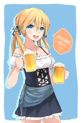 Rule 34 | 10s, 1girl, :d, alcohol, alternate costume, anchor hair ornament, beer, beer mug, blonde hair, blue background, blue eyes, blush, breasts, cleavage, cowboy shot, cross, cup, dirndl, german clothes, hair between eyes, hair ornament, highres, iron cross, jewelry, kantai collection, long hair, looking at viewer, mug, myuto (advent retribution), necklace, oktoberfest, open mouth, prinz eugen (kancolle), skirt, smile, solo, standing, twintails, underbust