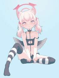 Rule 34 | 1girl, :3, absurdres, animal ears, bell, black bra, black panties, blue archive, blue background, bodypaint, bra, cat lingerie, flat chest, halo, highres, koharu (blue archive), looking at viewer, lucasyecla99, meme attire, navel, neck bell, panties, pink eyes, pink hair, simple background, sitting, solo, strap slip, striped clothes, striped thighhighs, thighhighs, twintails, underwear, wings