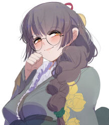 Rule 34 | 1girl, at2., black-framed eyewear, blush, braid, breasts, brown eyes, brown hair, character request, closed mouth, copyright request, glasses, lips, long hair, long sleeves, looking at viewer, medium breasts, round eyewear, single braid, smile, solo, upper body
