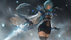 Rule 34 | 1girl, black gloves, black hairband, black leotard, black thighhighs, blue hair, blue necktie, breasts, cape, closed mouth, commentary, cowboy shot, eula (genshin impact), floating, floating object, floating sword, floating weapon, genshin impact, gloves, hairband, highres, ice, leotard, long hair, long sleeves, medium breasts, necktie, raikoart, solo, standing, sword, thighhighs, thighs, vision (genshin impact), weapon, wide sleeves, yellow eyes