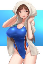 Rule 34 | 1girl, :d, blue one-piece swimsuit, blush, breasts, brown eyes, brown hair, cleavage, collarbone, competition swimsuit, highres, idolmaster, idolmaster cinderella girls, large breasts, long hair, looking at viewer, nitta minami, one-piece swimsuit, open mouth, smile, solo, standing, swimsuit, thighs, tomajiyama, towel, towel on head