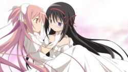 Rule 34 | 10s, 2girls, akemi homura, black hair, blue eyes, carrying, child, couple, dress, eye contact, gloves, good end, hair ribbon, kaname madoka, long dress, long hair, long skirt, looking at another, mahou shoujo madoka magica, moritan, multiple girls, official style, pink hair, princess carry, red eyes, red ribbon, ribbon, skirt, spoilers, twintails, two side up, ultimate madoka, very long hair, white dress, white gloves, white ribbon, wife and wife, yuri