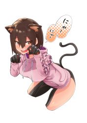 Rule 34 | 1girl, android, animal ears, bent over, blush, bottomless, breasts, brown eyes, brown hair, camouflage, cat ears, cat tail, commentary, cowboy shot, embarrassed, hair between eyes, highres, hololive, hood, hoodie, kemonomimi mode, leaning forward, looking at viewer, maco (yamamac), mechanical arms, medium breasts, official alternate costume, open mouth, paw pose, pink hoodie, roboco-san, roboco-san (hoodie), short hair, simple background, solo, speech bubble, tail, teeth, thighs, translated, virtual youtuber, white background