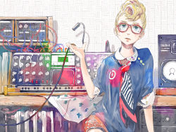 Rule 34 | 1girl, bad id, bad pixiv id, blonde hair, blue eyes, cable, earrings, glasses, highres, instrument, jewelry, necktie, original, pomodorosa, pompadour, solo, speaker, synthesizer