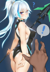 Rule 34 | !, 1girl, ?, ass, bababababan, black leotard, breasts, commentary, covered erect nipples, ephnel, hair between eyes, highres, large breasts, leotard, long hair, looking at viewer, ponytail, purple eyes, silver hair, solo, solo focus, soulworker, very long hair