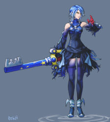 Rule 34 | 1girl, anti-aqua, aqua (kingdom hearts), armor, armored boots, bare shoulders, black thighhighs, blue hair, boots, breasts, chest strap, colored skin, corruption, corset, covered navel, dark persona, detached sleeves, elbow pads, fighting stance, fingerless gloves, full body, gloves, grey background, halterneck, holding, holding weapon, keyblade, kingdom hearts, kingdom hearts iii, looking to the side, medium breasts, multicolored hair, multicolored skin, ozkh, ripples, sabaton, short shorts, shorts, silver hair, sleeveless, sleeveless turtleneck, solo, standing, star (symbol), strap, thigh gap, thighhighs, torn clothes, torn sleeves, turtleneck, two-tone hair, weapon, wide sleeves, yellow eyes