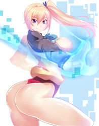 Rule 34 | 10s, 1girl, ass, bad anatomy, blonde hair, blue bow, bow, breasts, buruma, closed mouth, fighting stance, from side, haganef, hair between eyes, huge breasts, kawakami mai, long hair, long sleeves, looking at viewer, mole, mole under eye, musaigen no phantom world, outstretched arm, purple eyes, side ponytail, smile, solo, sweater vest, thong, very long hair