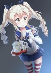 Rule 34 | 10s, 1girl, alternate hairstyle, anchovy (cosplay), anchovy (girls und panzer), blonde hair, cosplay, crossover, cup, disposable cup, drill hair, elbow gloves, food, girls und panzer, gloves, green eyes, hair ribbon, highleg, highleg panties, kantai collection, microskirt, mitsuki yuu, panties, popcorn, ribbon, sailor collar, shimakaze (kancolle), shimakaze (kancolle) (cosplay), skirt, solo, striped clothes, striped thighhighs, thighhighs, ticket, twin drills, underwear, white gloves