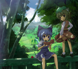 Rule 34 | 2girls, animal ears, bad id, bad pixiv id, blue eyes, blue hair, bow, brown eyes, brown hair, cat ears, cat tail, chen, cirno, earrings, eating, food, fruit, hair bow, hat, hidebo, jewelry, multiple girls, multiple tails, nature, on railing, railing, scenery, short hair, tail, touhou, two tails, watermelon, wings