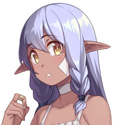 Rule 34 | 1girl, bandaid, bare shoulders, blush, braid, choker, close-up, collarbone, crying, crying with eyes open, dark-skinned female, dark skin, elf, grey hair, hair between eyes, hand up, long hair, looking at viewer, original, parted lips, pointy ears, portrait, saiste, simple background, sleeveless, solo, tears, twin braids, white background, white choker, yellow eyes
