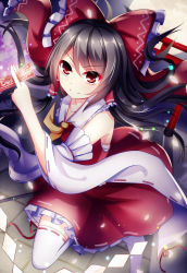 Rule 34 | 1girl, bare shoulders, between fingers, black hair, bow, detached sleeves, dress, full moon, gohei, hair bow, hair tubes, hakurei reimu, highres, holding, long hair, long sleeves, looking at viewer, meng xiao jiong, moon, petals, red dress, red eyes, ribbon-trimmed legwear, ribbon-trimmed sleeves, ribbon trim, smile, solo, spell card, thighhighs, torii, touhou, white thighhighs, wide sleeves, zettai ryouiki