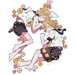 Rule 34 | 1boy, 1girl, ahoge, bare arms, bare legs, bare shoulders, barefoot, blonde hair, blush, bow, brother and sister, fetal position, flower, grey shorts, hair bow, hair ornament, hairclip, hazime, kagamine len, kagamine rin, lying, midriff peek, neckerchief, necktie, on side, parted lips, sailor collar, sailor shirt, shirt, short hair, short ponytail, short sleeves, shorts, siblings, sleeping, sleeveless, sleeveless shirt, spiked hair, twins, twitter username, vocaloid, white bow, yellow neckerchief, yellow necktie