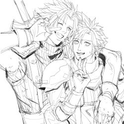 2boys armor arms_around_neck clenched_teeth cloud_strife crisis_core_final_fantasy_vii final_fantasy final_fantasy_vii gloves greyscale grin head_tilt height_difference highres jacket lineart looking_at_viewer male_focus monochrome multiple_boys nervous_smile one_eye_closed parted_bangs protected_link ribbed_sweater rkgk_kamonegi scarf shinra_infantry shinra_infantry_uniform short_hair shoulder_armor sleeveless sleeveless_turtleneck smile spiked_hair sweatdrop sweater sword teeth turtleneck turtleneck_sweater upper_body v weapon weapon_on_back zack_fair