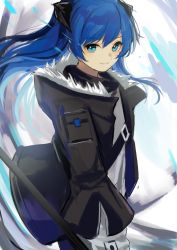 Rule 34 | 1girl, arknights, azuazu 0405, black jacket, blue eyes, blue hair, buckle, closed mouth, commentary, demon horns, from side, fur-trimmed hood, fur-trimmed jacket, fur trim, gloves, halo, highres, holding, holding staff, hood, horns, jacket, long hair, long sleeves, looking at viewer, looking to the side, mostima (arknights), open clothes, open jacket, shirt, smile, snap-fit buckle, solo, staff, upper body, white background, white shirt