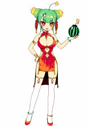 Rule 34 | 1girl, ahoge, animal hair ornament, anklet, armlet, bad id, bad tinami id, bangle, bomb, bracelet, braid, braided bun, breasts, china dress, chinese clothes, cleavage, cleavage cutout, clothing cutout, double bun, dress, explosive, food, fruit, green hair, hair bun, hair ornament, highres, honihoni, jewelry, large breasts, nail polish, navel, navel cutout, original, red eyes, side cutout, side slit, simple background, solo, standing, star-shaped pupils, star (symbol), suisui (honihoni), symbol-shaped pupils, tassel, thighhighs, watermelon, white background, white thighhighs