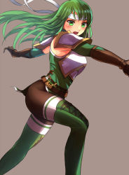 Rule 34 | 1girl, armor, attack, black pantyhose, boots, breastplate, cross-laced footwear, female focus, fire emblem, fire emblem: shadow dragon, fire emblem heroes, gloves, green eyes, green hair, headband, highres, lace-up boots, long hair, matching hair/eyes, nintendo, open mouth, palla (fire emblem), pantyhose, red scarf, scarf, solo, thigh boots, thighhighs, thighs, yozu (yozu0420)