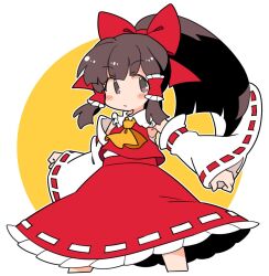 Rule 34 | 1girl, ascot, bare shoulders, blush, bow, brown eyes, brown hair, closed mouth, cropped legs, detached sleeves, frilled skirt, frills, hair bow, hair tubes, hakurei reimu, ini (inunabe00), japanese clothes, long hair, nontraditional miko, red bow, red skirt, ribbon-trimmed sleeves, ribbon trim, sidelocks, skirt, solo, touhou, white sleeves, wide sleeves, yellow ascot