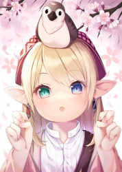 Rule 34 | 1girl, absurdres, amahara pekozaemon, animal, animal on head, warrior of light (ff14), bird, blonde hair, blue eyes, blush, branch, collared shirt, dress shirt, earrings, final fantasy, final fantasy xiv, flower, green eyes, hands up, heterochromia, highres, jacket, jewelry, lalafell, long hair, long sleeves, looking at viewer, nail polish, on head, open clothes, open jacket, parted lips, pink flower, pink jacket, pink nails, pointy ears, shirt, solo, white shirt, wide sleeves