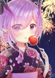Rule 34 | 1girl, :d, aerial fireworks, blush, braid, candy apple, commentary request, demon horns, eyes visible through hair, fireworks, floral print, flower, food, hair flower, hair ornament, hair over one eye, holding, holding food, horns, japanese clothes, kimono, long sleeves, looking at viewer, night, night sky, obi, open mouth, oscurol (shironeko project), pink flower, pink hair, pointy ears, print kimono, purple eyes, purple kimono, sash, shironeko project, short hair with long locks, sidelocks, sky, smile, solo, star (sky), starry sky, white flower, wide sleeves, yukata, yukiyuki 441