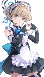 Rule 34 | 1girl, absurdres, apron, black gloves, blue archive, blue eyes, braid, commentary request, elbow pads, fingerless gloves, gloves, hair bun, head tilt, headset, heart, heart hands, highres, holster, light brown hair, long hair, looking at viewer, maid, maid apron, maid headdress, nomio, parted lips, shoulder holster, shoulder strap, sidelocks, simple background, single braid, single hair bun, sleeveless, solo, toki (blue archive), white background