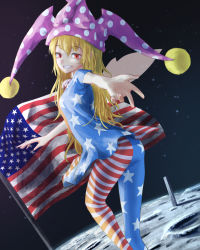 Rule 34 | 1girl, american flag, american flag dress, american flag legwear, ass, blonde hair, clownpiece, dress, fairy wings, flag, foreshortening, grin, hat, highres, jester cap, long hair, looking at viewer, moon, neck ruff, on moon, pantyhose, pointy ears, polka dot, purple hat, reaching, red eyes, roke (taikodon), short dress, smile, solo, space, star (symbol), star print, striped clothes, striped pantyhose, touhou, wings
