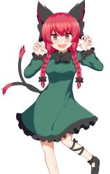 Rule 34 | 1girl, animal ears, black bow, black footwear, bow, braid, cat ears, cat tail, claw pose, dress, fang, frills, gao, green dress, hair bow, highres, kaenbyou rin, multiple tails, open mouth, red eyes, red hair, seo haruto, simple background, solo, standing, standing on one leg, tail, touhou, twin braids, two tails, white background