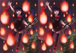 Rule 34 | 1girl, 3d, arm up, asymmetrical wings, black hair, black thighhighs, bow, dress, fang, fire, houjuu nue, ichiba youichi, mary janes, open mouth, polearm, red eyes, shoes, short hair, smile, snake, solo, stereogram, thighhighs, touhou, weapon, wings